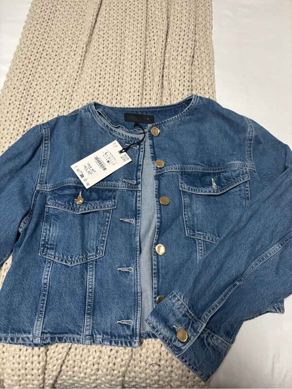 Zara Mid-Blue Round-Neck Denim Jacket with Gold Buttons